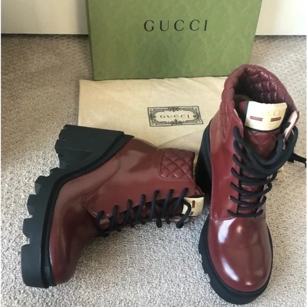 Gucci Leather Trip Boots in Garnet Red new in box with shoe bags.